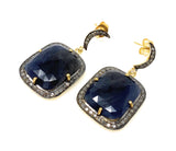 Pave Diamond Sapphire Earrings, Natural Blue Sapphire Gemstone Earrings, Moon Dangle Victorian Earrings, 1.30” x 0.75”