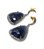 Pave Diamond Sapphire Earrings, Natural Blue Sapphire Gemstone Earrings, Moon Dangle Victorian Earrings, 1.40” x 0.75”