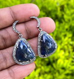 Pave Diamond Sapphire Earrings, Natural Blue Sapphire Gemstone Earrings, Moon Dangle Victorian Earrings, 1.40” x 0.75”