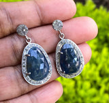 Pave Diamond Sapphire Earrings, Natural Blue Sapphire Gemstone Earrings, Dangle Victorian Earrings, 1.25” x 0.70”