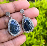 Pave Diamond Sapphire Earrings, Natural Blue Sapphire Gemstone Earrings, Dangle Victorian Earrings, 1.25” x 0.70”