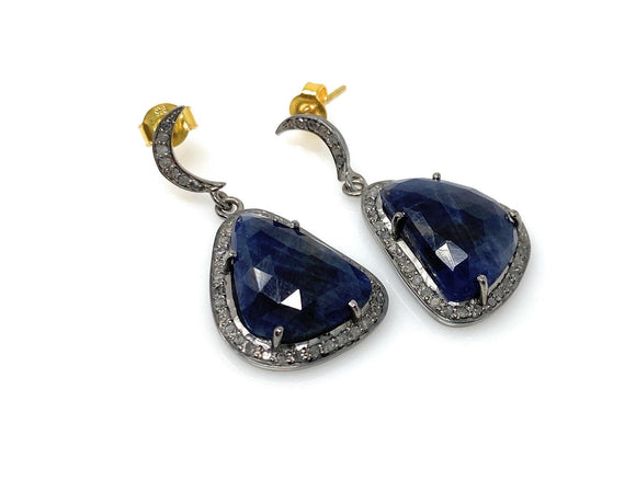 Pave Diamond Sapphire Earrings, Natural Blue Sapphire Gemstone Earrings, Moon Dangle Victorian Earrings, 1.40” x 0.75”
