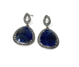 Pave Diamond Blue Sapphire Earrings, Natural Sapphire Gemstone Earrings, Silver Victorian Jewelry, 1.5” x 0.80”