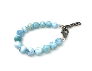 10mm Genuine Larimar Gemstone Bracelet, Pave Diamond Adjustable Bracelet, Dominican Republic Larimar Jewelry