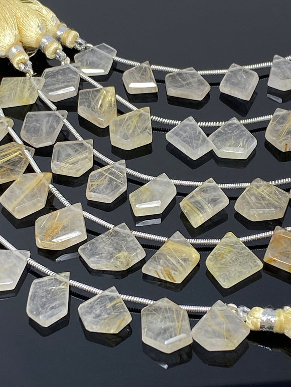 10 Pcs Golden Yellow Rutile Faceted Fancy Slice Beads, Yellow Rutilated Quartz Gemstone Beads for Jewelry Making, 10x11mm - 16x14mm