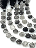 10 Pcs Black Rutile Carved Gemstone Beads, Black Rutilated Quartz Flower Carving Beads Heart Shape for Jewelry Making, 12x12mm