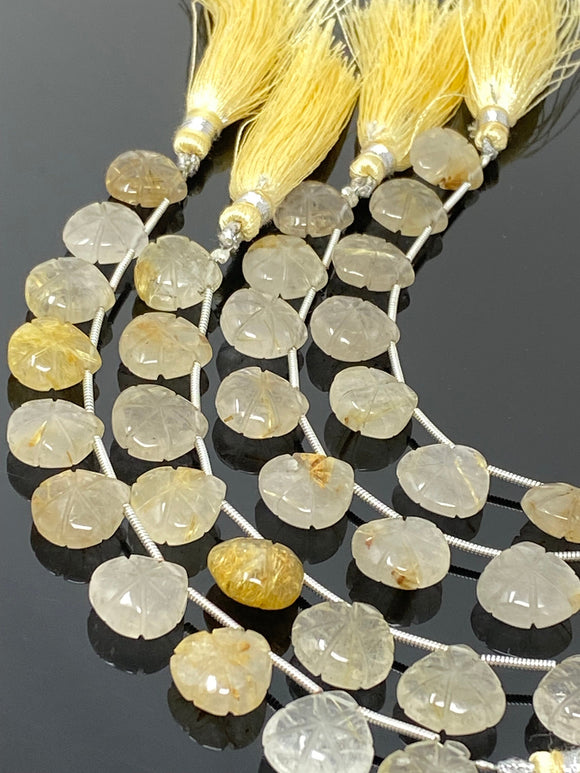 10 Pcs Golden Rutile Carved Gemstone Beads, Golden Yellow Rutilated Quartz Flower Carving Heart Beads for Jewelry Making, 12x12mm