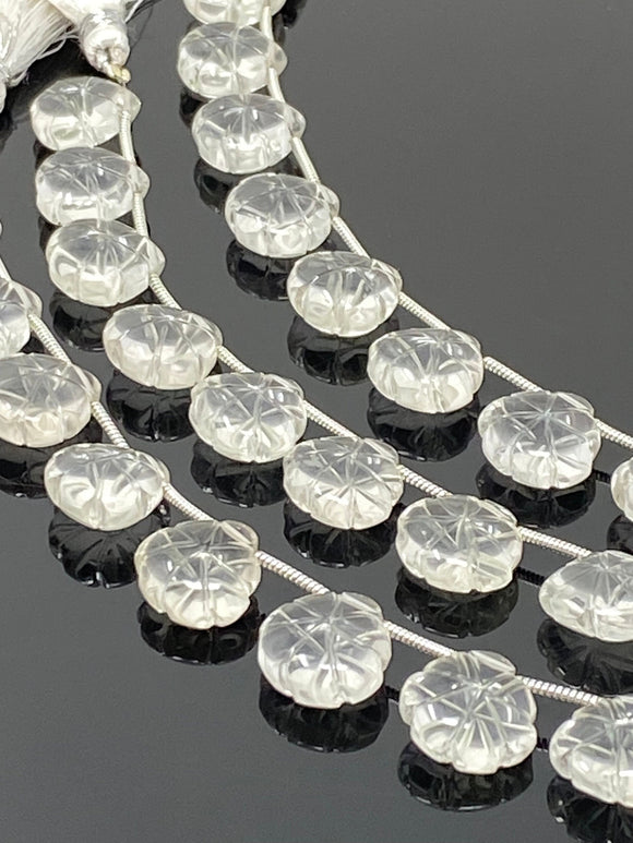 10 Pcs Clear Quartz Carved Gemstone Beads, Clear Quartz Flower Carving Heart Shape Beads for Jewelry Making, 12x12mm