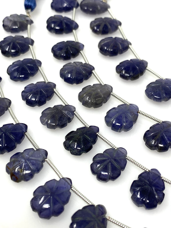 10 Pcs Iolite Carved Gemstone Beads, Natural Iolite Flower Carving Pear Shape Beads for Jewelry Making, 13.5x9mm - 14x10mm