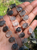 10 Pcs Black Rutile Carved Gemstone Beads, Black Rutilated Quartz Flower Carving Beads for Jewelry Making, 13x9mm - 14x10mm