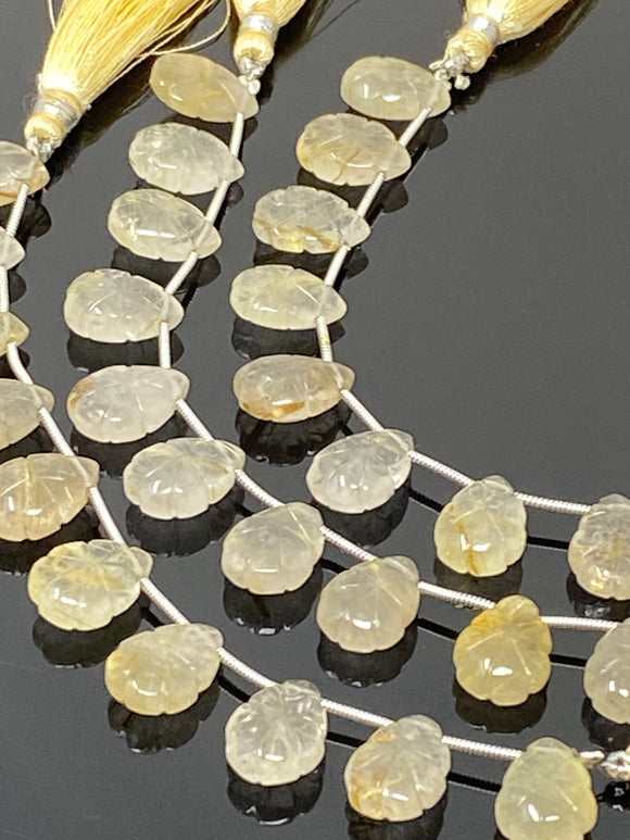 10 Pcs Golden Rutile Carved Gemstone Beads, Golden Yellow Rutilated Quartz Flower Carving Beads for Jewelry Making, 14x10mm - 14.5x10mm