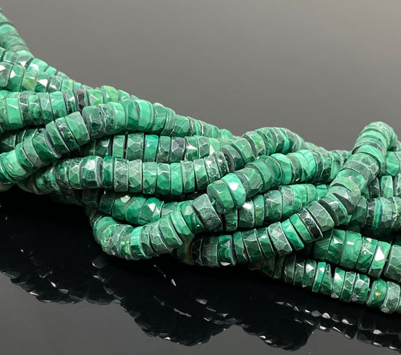 16” Natural Malachite Faceted Heishi Gemstone Beads, Malachite Tyre Shape Wholesale Bulk Beads, 6.5mm - 7.5mm