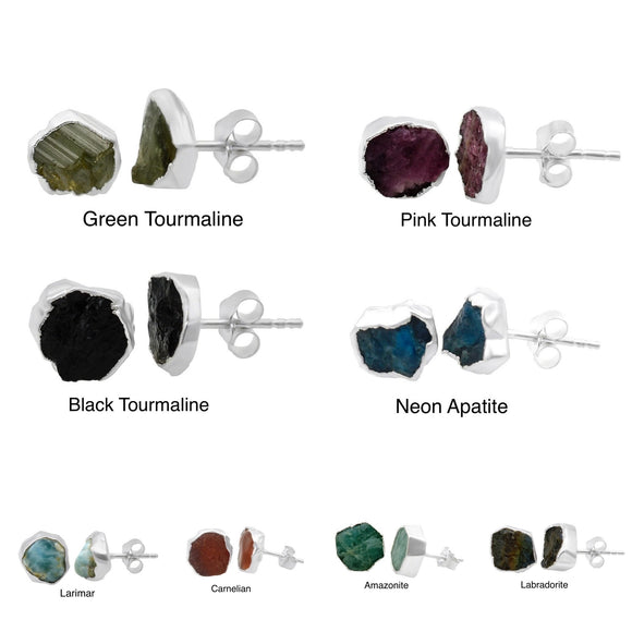 Raw Birthstone Electroplated Stud Earrings, Sterling Silver Gemstone Stud Earrings, Healing Crystal Rough Gemstone Studs