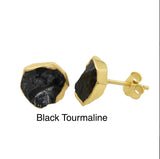 Raw Black Tourmaline Stud Earrings, Rough Gemstone Electroplated Stud Earrings, Healing Crystal Rough Gemstone Studs