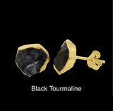 Raw Black Tourmaline Stud Earrings, Rough Gemstone Electroplated Stud Earrings, Healing Crystal Rough Gemstone Studs