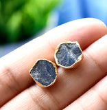 Raw Blue Sapphire Stud Earrings, September Birthstone Healing Crystal Sapphire Gemstone Studs, Rough Gemstone Electroplated Stud Earrings