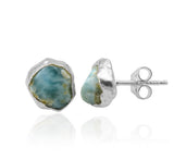 Raw Larimar Stud Earrings, Healing Raw Crystal Studs, Rough Larimar Gemstone Electroplated Stud Earrings