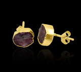 Raw Ruby Stud Earrings, July Birthstone Healing Crystal Rough Gemstone Studs, Rough Ruby Gemstone Electroplated Stud Earrings