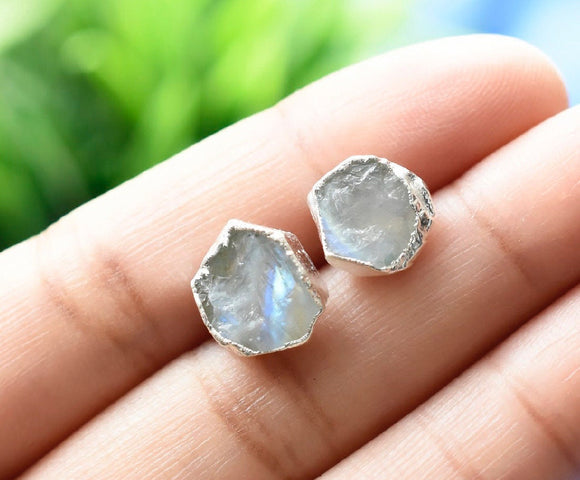 Raw Moonstone Stud Earrings, June Birthstone Healing Crystal Gemstone Studs, Rough Gemstone Electroplated Stud Earrings, Moonstone