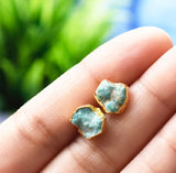 Raw Aquamarine Stud Earrings, March Birthstone Healing Crystal Gemstone Studs, Rough Gemstone Electroplated Stud Earrings, Aquamarine