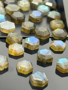 10Pcs / 14 Pcs Natural Labradorite Rose Cut Cabochons, Loose Gemstones, Labradorite Rosecuts, Hexagon Shape Ring Stones, 7mm - 8.5mm